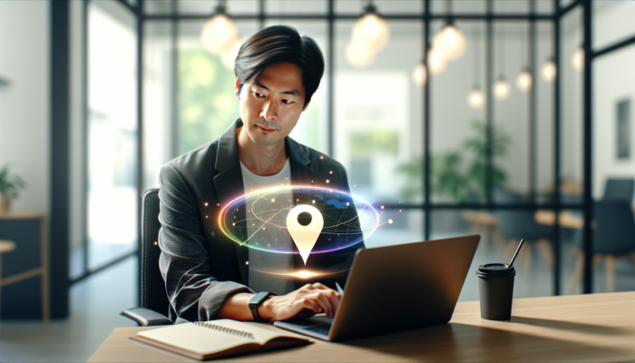Person verifying Google Business Listing on laptop, with Google logo and map pin, enhancing online visibility.