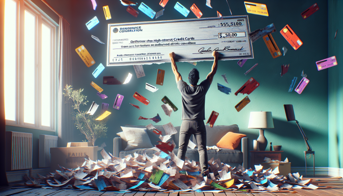 Clearing Up Debt Consolidation Confusion: A Clear Guide | DCL Person holding "Personal Loan" check, surrounded by shredded credit card statements, symbolizing debt consolidation and financial freedom.