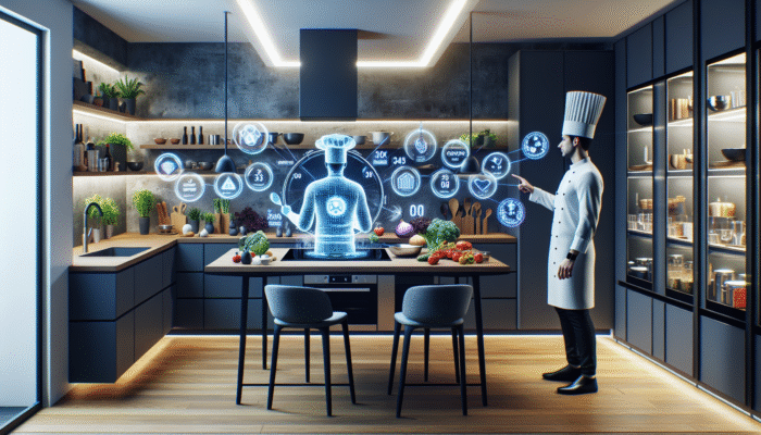 A virtual chef guides user through a complex recipe using AR in a modern kitchen.