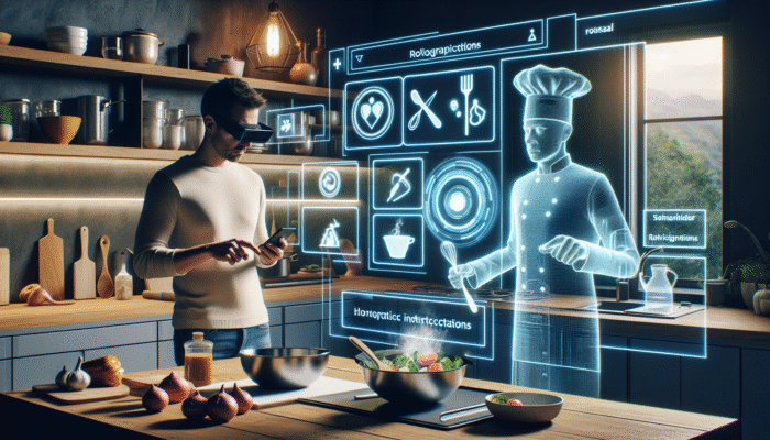 Person using AR app in kitchen with holographic instructions and virtual chef demonstrating cooking techniques.
