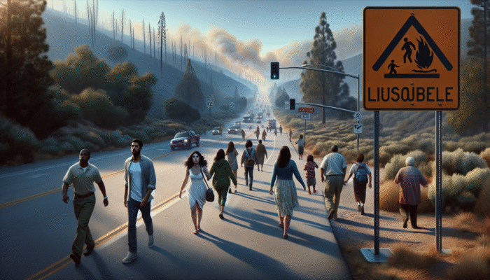 Wildfire Evacuation Routes: A wildfire evacuation route sign at a junction, guiding people to safety amidst dry vegetation and distant smoke.