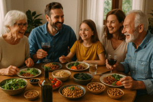 Family eating mediterranean duet together