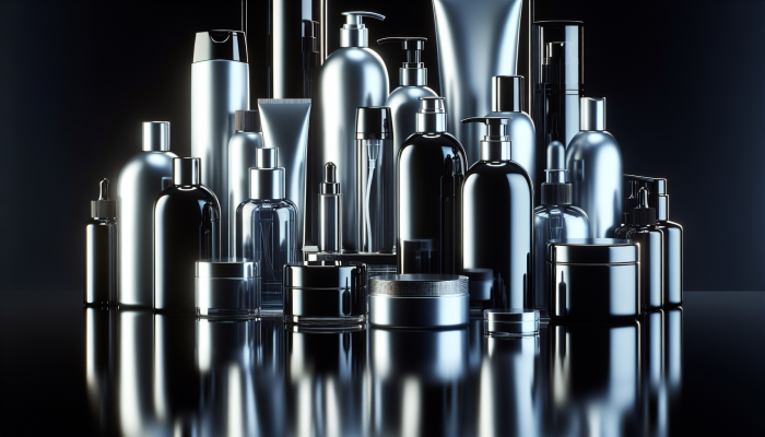 Sleek, shiny glass hair display with various hair care products on a glossy black surface.