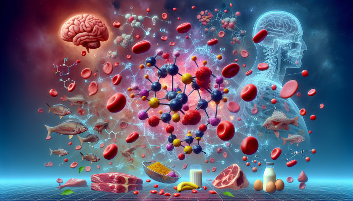 Vitamin B12 Blood Test in Ilkeston: Illustration of Vitamin B12 molecules with brain, nervous system, red blood cells, and UK animal products, focusing on Ilkeston's diet.