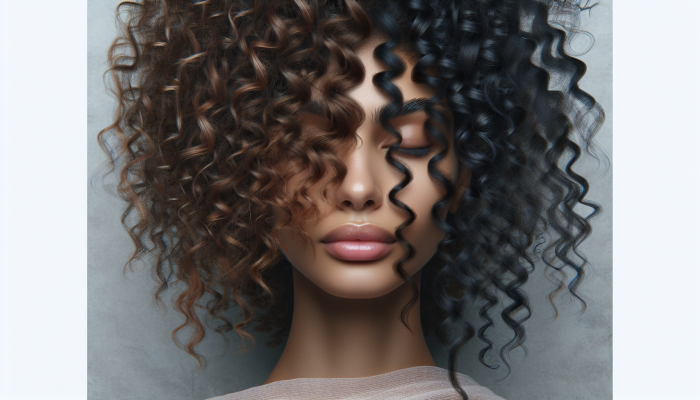 A close-up portrait showing mixed texture hair with waves, coils, and straight strands.