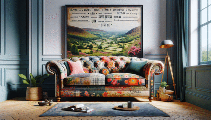 Upcycling Ideas for House Clearance Items: A vibrant, upcycled sofa with floral print in a stylish UK living room, showcasing local craftsmanship.