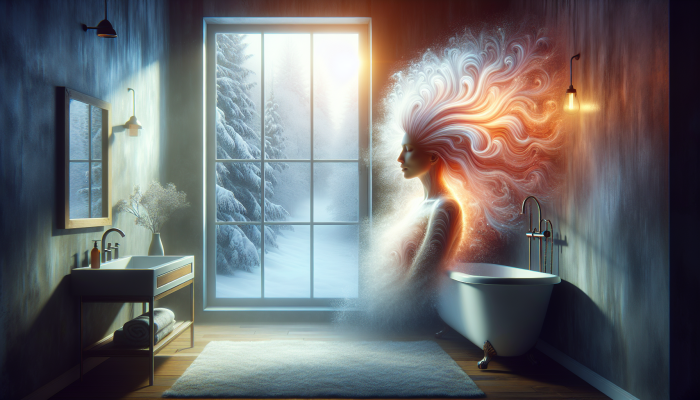 Person with healthy hair under lukewarm water in a cozy bathroom, winter scene visible outside.