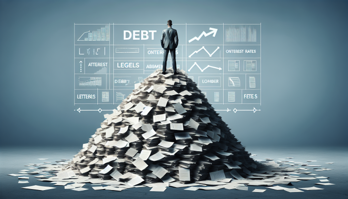 How to Consolidate Debt with Fluctuating Income: A Guide | DCL How to Consolidate Debt with Fluctuating Income: A person atop a mountain of debt papers, consolidating them into one organized folder with a lower interest rate tag.