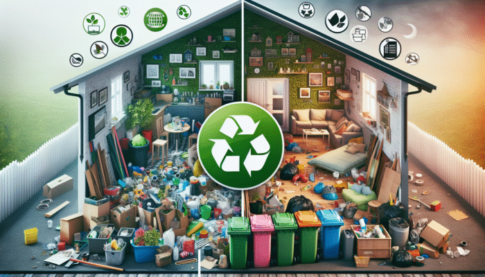 Downsizing Tips for House Clearance Projects: UK house clearance legal document with environmental safety and waste management symbols, cleared and uncleared house contrast.