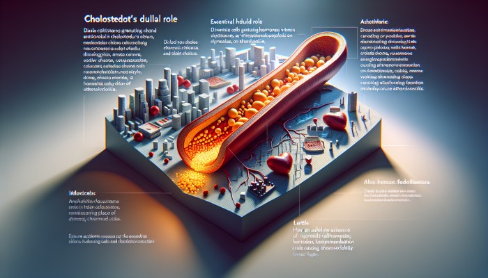 A cross-section of a human artery showing cholesterol's role in hormone and vitamin D production, and plaque buildup causing atherosclerosis, with a UK cityscape background.