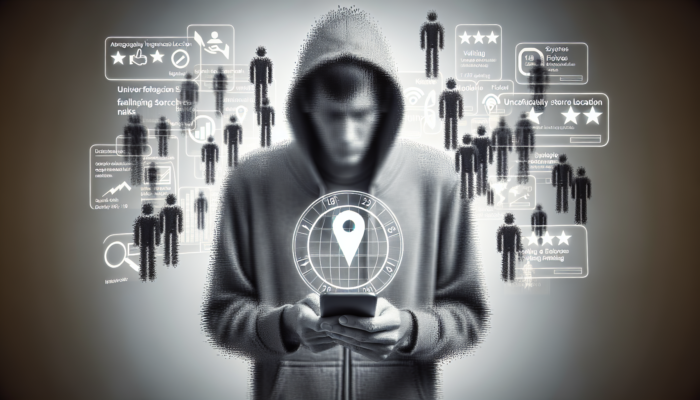 A frustrated customer with a smartphone showing wrong store location, surrounded by negative reviews and declining search rankings.
