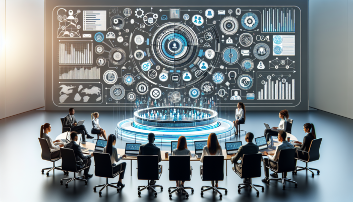 A digital hub showing real-time business data, accessible by marketers and customer service team in an office.