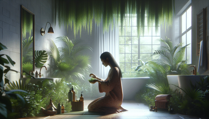 Person massaging nourishing oil into scalp in a serene bathroom, promoting scalp health.