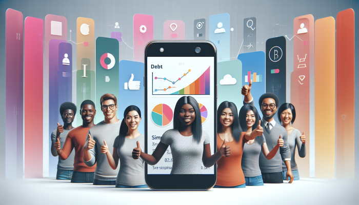 Mobile Apps for Debt Consolidation Updates: Streamlined Solutions | DCL A smartphone showcasing App B's interface with graphs, surrounded by happy UK users giving thumbs up.