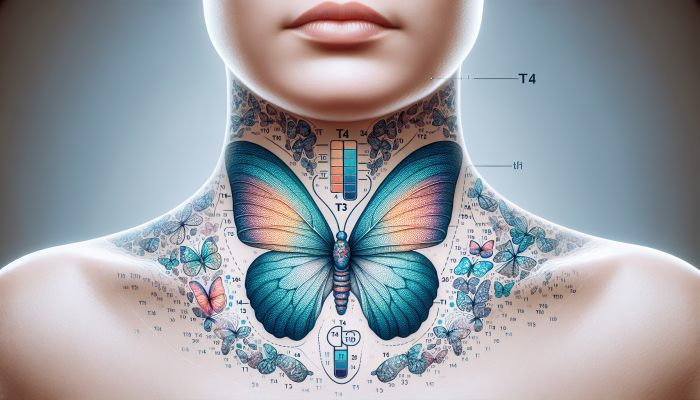 Thyroid Blood Test in Leeds: Illustration of thyroid gland test showing T4, T3, and TSH levels at neck's base in clinical setting.