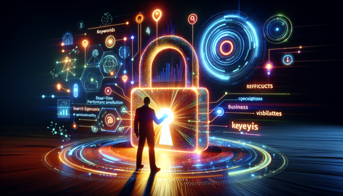 A person unlocking a digital lock symbolizing Google Ads, with search keywords and performance graphs on a futuristic interface.