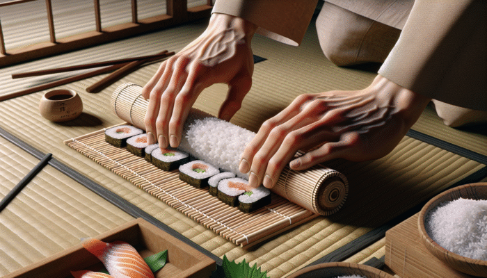 Hands using a bamboo sushi mat to roll sushi, showing firmness and flexibility, with fresh ingredients.