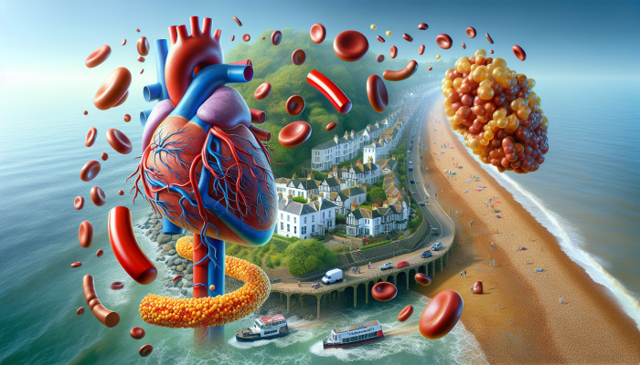 Cholesterol Blood Test in Bexhill-on-Sea: Illustration of LDL and HDL cholesterol effects in arteries, with Bexhill-on-Sea coastline background.