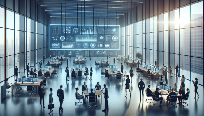 A modern office with professionals analyzing Google Business Insights data on a large screen for business growth strategies.