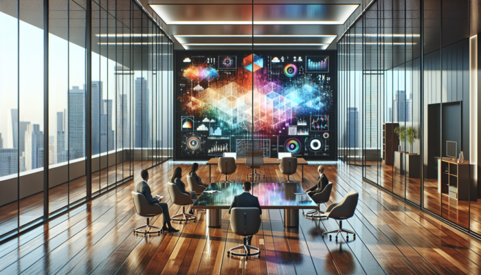 A team analyzing customer data on a large digital screen in a modern office setting.
