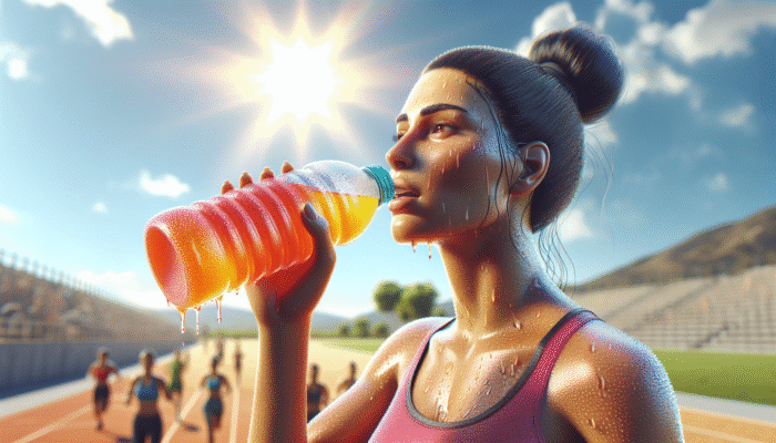Person drinking colorful electrolyte drink, sweating in hot, sunny environment, emphasizing hydration and physical activity.