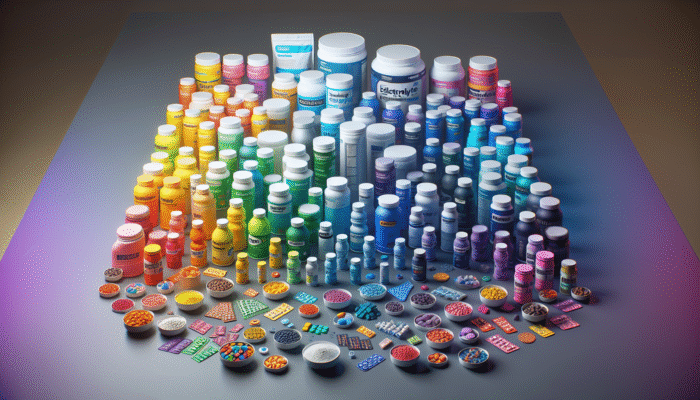 A colorful array of electrolyte supplements in powders, tablets, and drinks on a table.