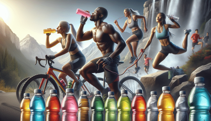 Colorful ready-to-drink electrolyte beverages with athletes hydrating during intense workouts.