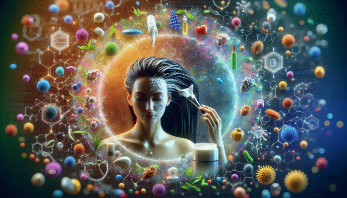 Woman applying hair mask in spa-like bathroom, surrounded by vibrant nutrients and moisture.