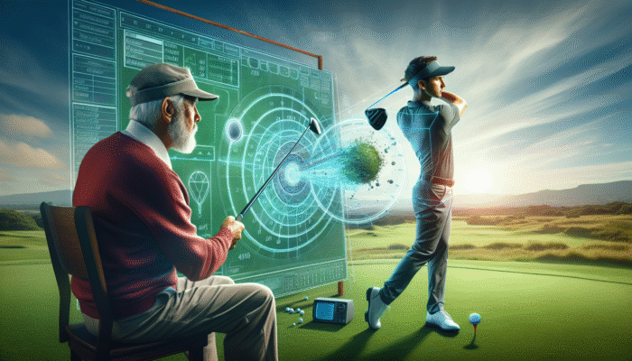 A South African golf coach demonstrating the perfect swing plane and path on a lush green course.