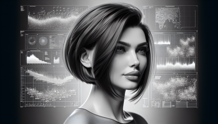 Woman over 50 with an inverted bob, sleek style with volume at roots, bold and edgy.