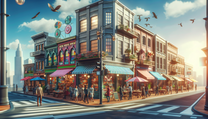 A vibrant city street scene with a Google My Business sign and diverse local businesses engaging customers.
