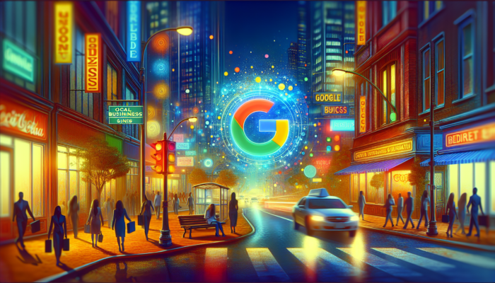 A city street with a Google Business sign, local businesses, and SEO improvement charts.