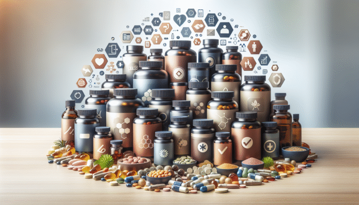 Bottles and capsules of vitamins, minerals, and herbs on a table, representing health and nutrition support for men.