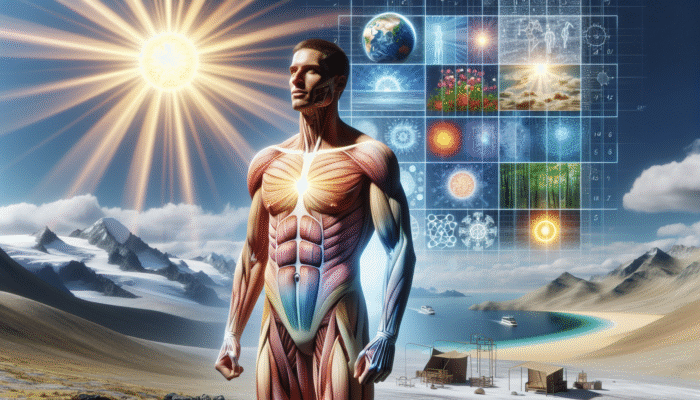 Man in sunlight, strong bones and muscles, global landscapes showing varied sunlight exposure.