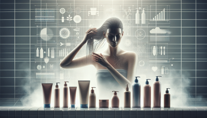 Woman applying conditioner to salon-treated hair, surrounded by moisturizing products in a luxurious bathroom.