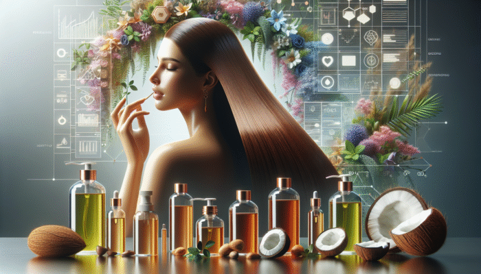 Woman applying argan oil to hair ends, surrounded by natural oil bottles in a vibrant bathroom.