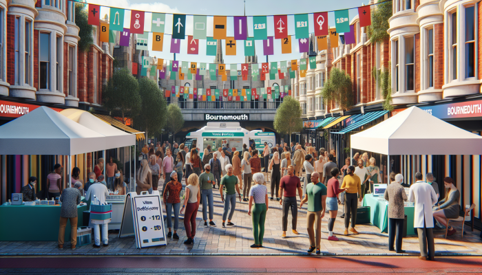 A vibrant community in Bournemouth celebrating health with banners promoting early vitamin B12 deficiency detection.