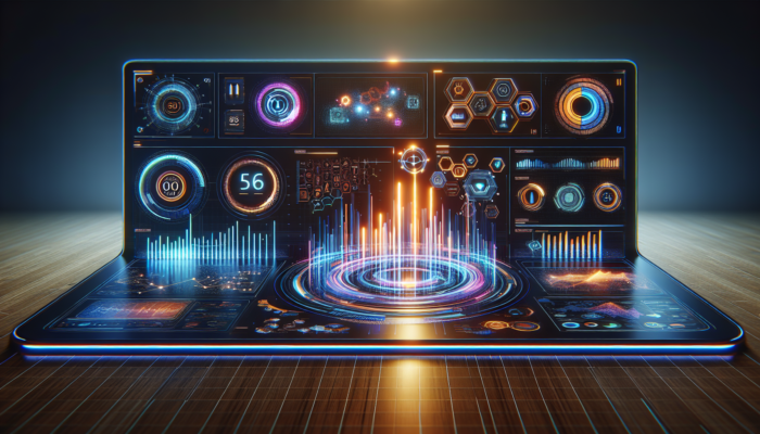 Futuristic dashboard with vibrant graphs and analytics, showcasing data-driven success in Google Business Optimization.