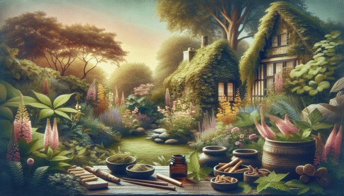 UK herbs like licorice root, ivy leaf, and butterbur in a soothing garden setting for asthma relief.