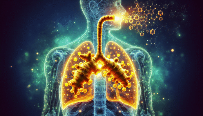 A vibrant yellow turmeric root with glowing curcumin molecules against a backdrop of calming inflamed lungs, symbolizing asthma relief.