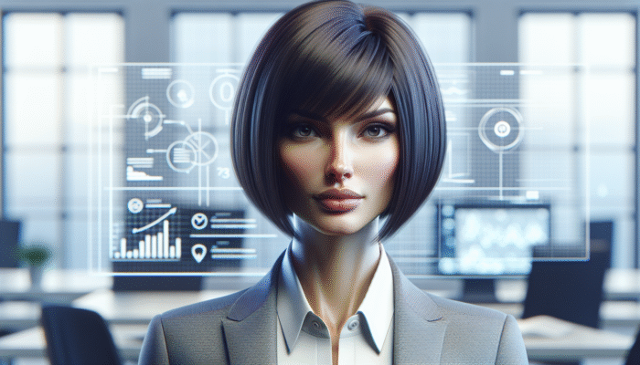 Woman with a sharp, straight-across blunt bob, exuding confidence and sophistication.