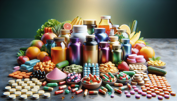 Colorful array of dietary supplements on a table, with fruits and vegetables in the background.