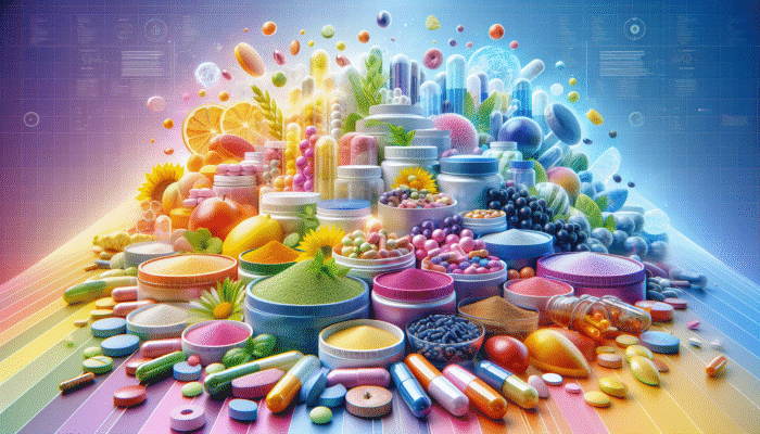A colorful array of dietary supplements in capsules, tablets, and powders on a vibrant background.