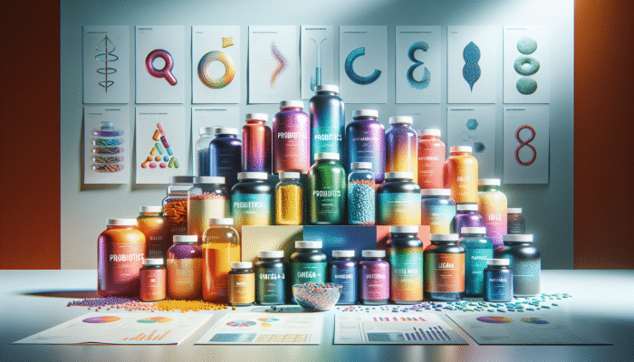 Array of specialty supplement bottles with probiotics, omega-3, and protein powders on a health-focused backdrop.