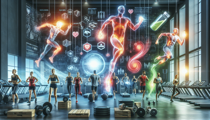 Advanced Recovery Supplement Stacks: Athletes using recovery supplements in a gym to aid muscle repair and reduce inflammation.