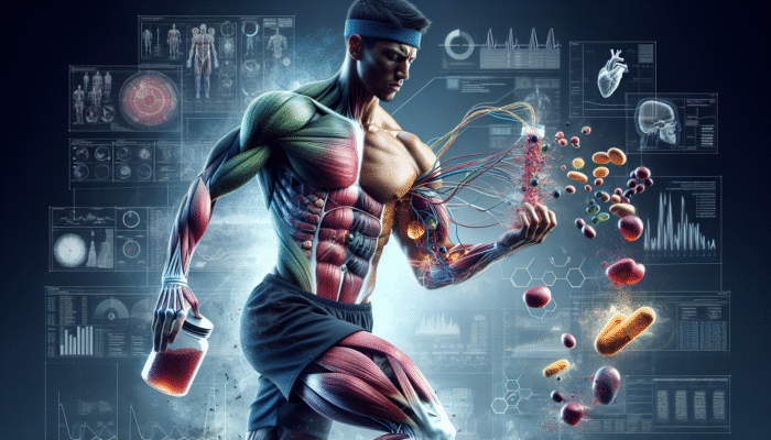 Athlete using advanced supplements for quick recovery, enhancing muscle repair in a rigorous training setting.