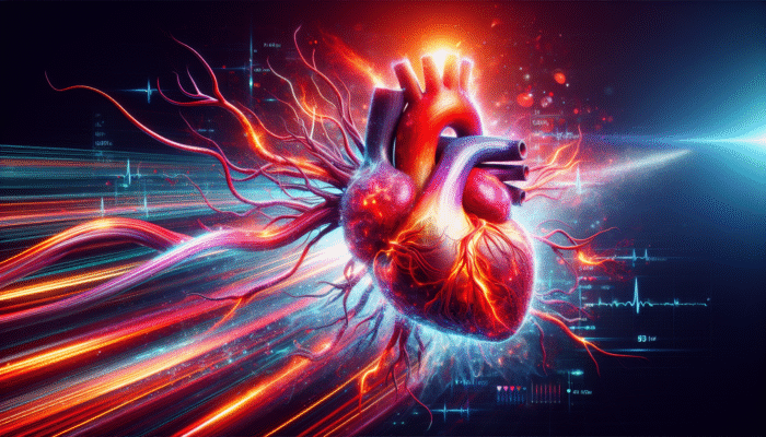 A vibrant heart with flowing blood vessels, showing heart rate and cholesterol levels.