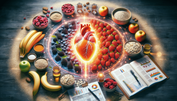 Heart-healthy foods like salmon, berries, oats, and bananas around a glowing heart symbol.