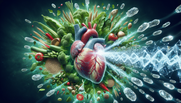 A vibrant heart with magnesium atoms and heart-healthy foods like leafy greens, nuts, seeds, and whole grains.