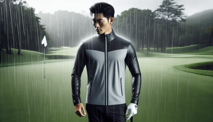 Top Golf Rain Gear for Wet Rounds: Golfer in waterproof jacket with sealed seams, adjustable cuffs, on rainy golf course, showcasing 10,000mm rating and breathable fabric.